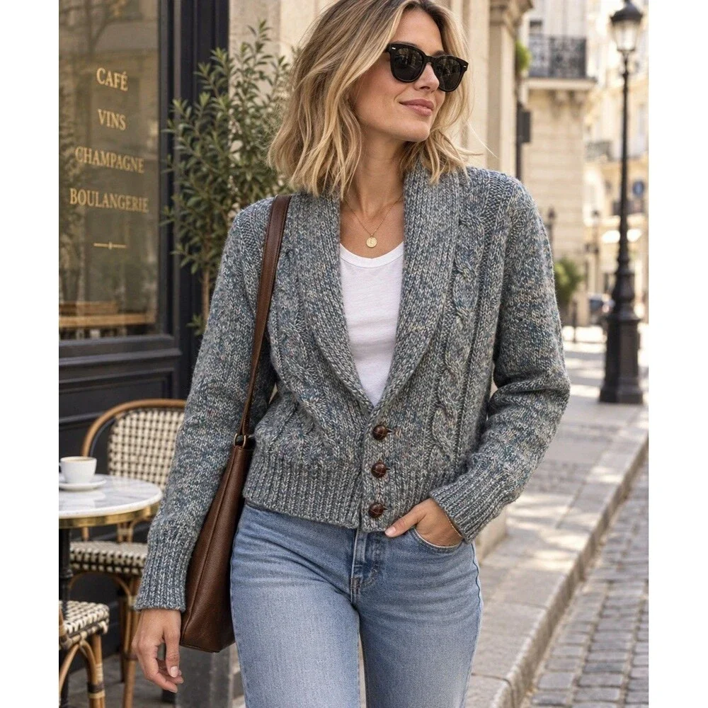 Honors Womens M Marled Wool Blend Cardigan Shawl Collar Cable Knit Vintage